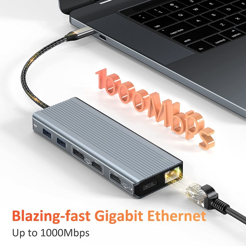 USB 3.1 Arayüz Tipi C 9 Port USB A 3.0 Adaptörü RJ45 Gigabit Ethernet Ağ Kartı ile Gri