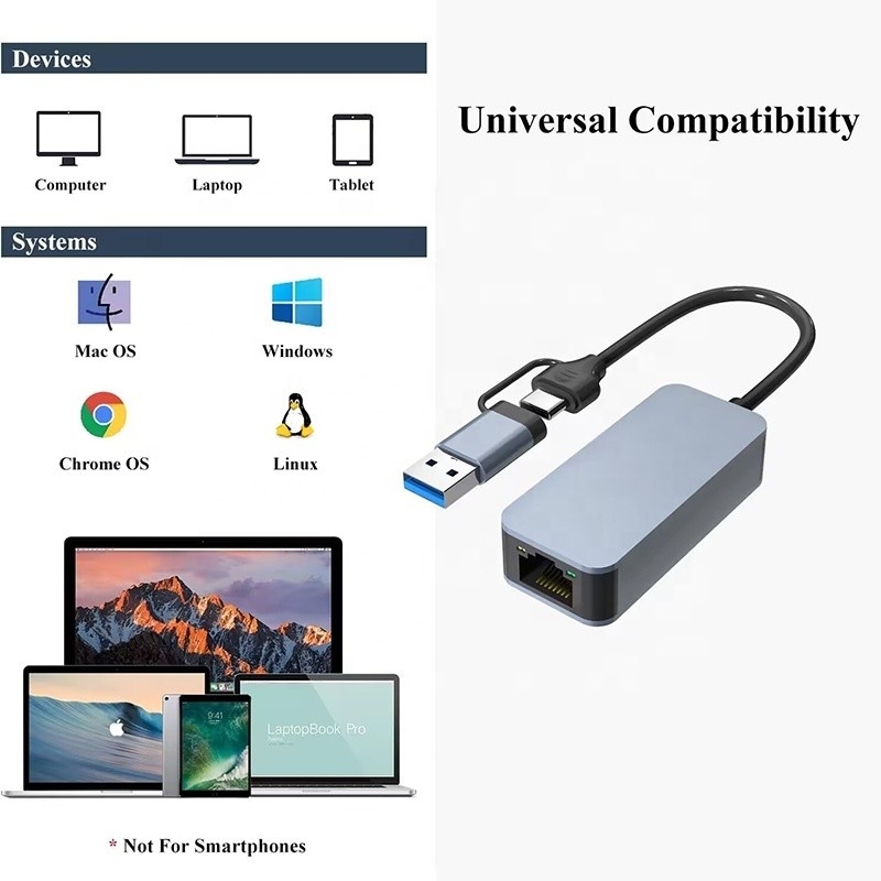 Hızlı ve istikrarlı ağ bağlantısı için 2 In 1 Alüminyum USB 3.0 Tip C Ethernet Adaptörü