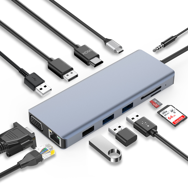 Gri Bağlantı Renkli USB 3.0 Inthernet RJ45 HDMI 4K 12 In 1 Usb C Hub