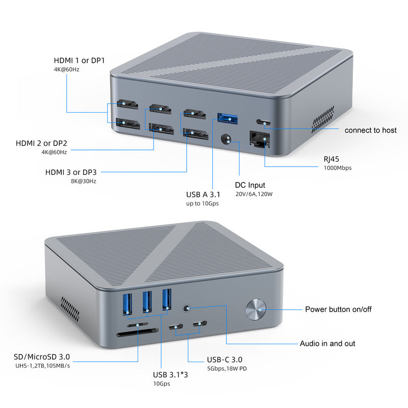 Masaüstü USB-C Yerleştirme İstasyonu HDMI 4K Çözünürlük Ekran Portu USB C 3.1 Dizüstü Bilgisayar PC İçin