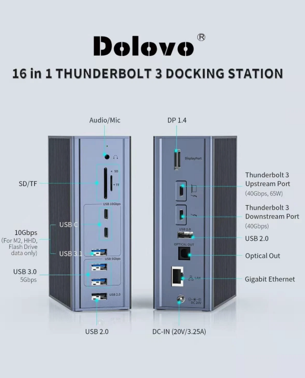 16'da 1 Thunderbolt 3 Doklama İstasyonu 40Gbps Hız DP1.4 Çıkış ve 65W PD Şarj